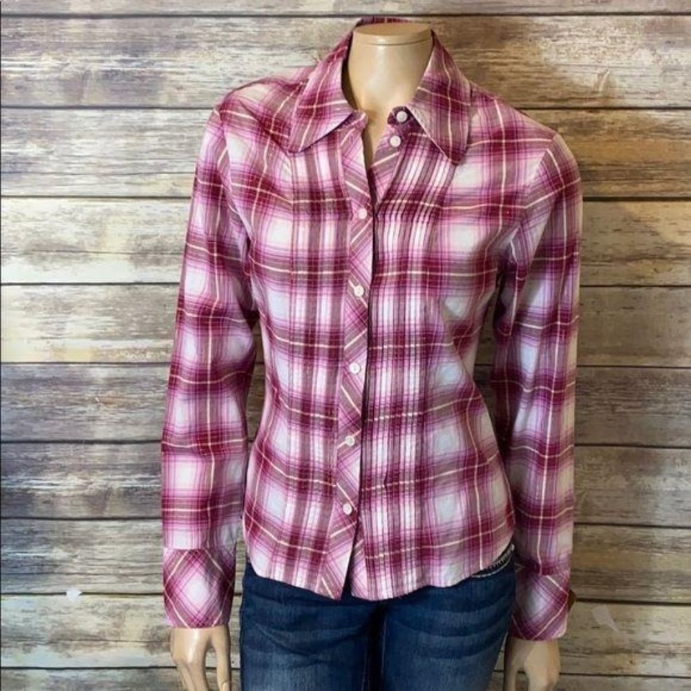 Oilily Button Front Shirt Plaid Pleated Pink Gold